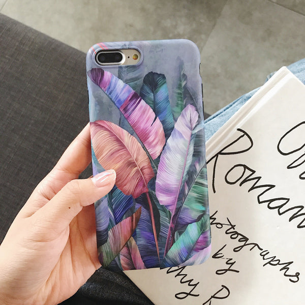 Funda para teléfono con diseño retro de hojas de plátano en colores vibrantes
