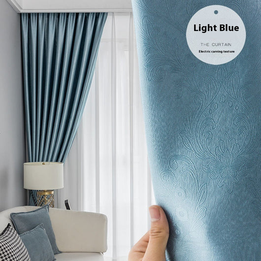 Brown thickened shading curtain with an electric carving floral texture, partially drawn in a bedroom setting. - Image 7