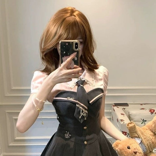 Conjunto de Dos Piezas: Top Tubo de Encaje y Falda con Cuello Cuadrado para Mujer