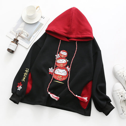 Sudadera con Capucha Gato de la Suerte y Bordado Sakura con Cordones - Image 3