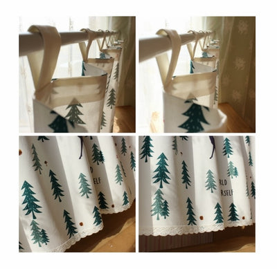 Christmas elk and pine tree short kitchen curtain with tab top and scalloped lace trim, featuring text. - Image 9