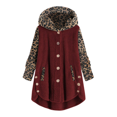 Abrigo Largo con Capucha y Empalme de Leopardo en Felpa para Mujer - Image 4