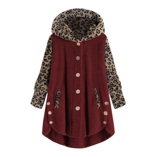 Abrigo Largo con Capucha y Empalme de Leopardo en Felpa para Mujer - Image 4