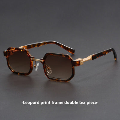 Retro polygon sunglasses for women with a leopard print frame and blue-tinted lenses. - Image 15