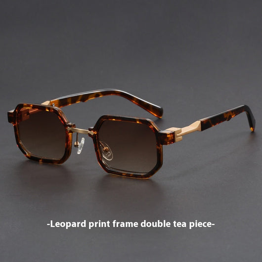 Retro polygon sunglasses for women with a leopard print frame and blue-tinted lenses. - Image 15