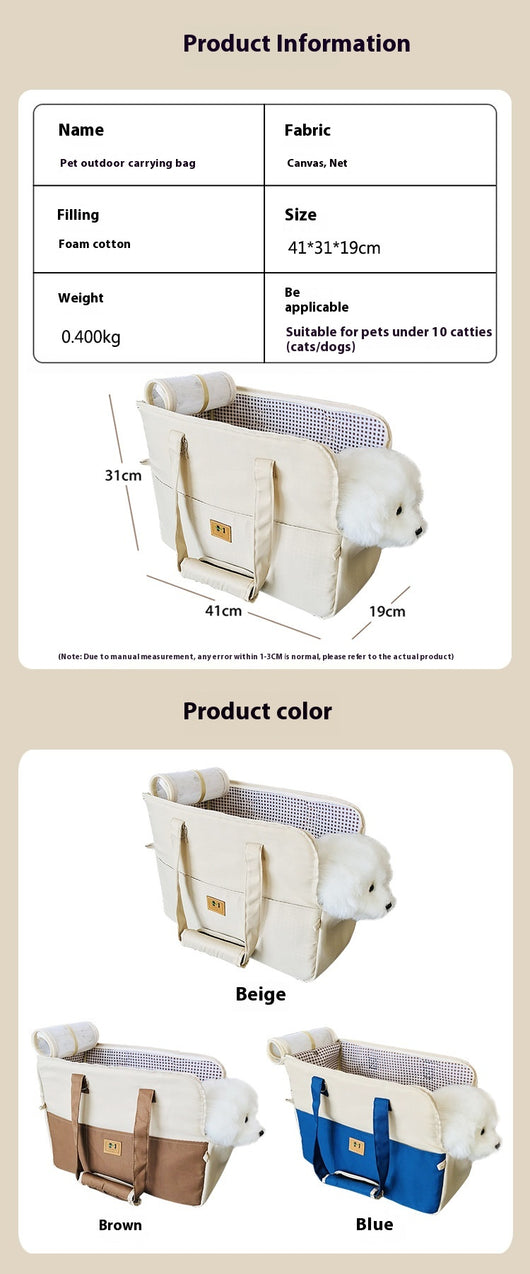 Two-tone beige and brown canvas pet carrier bag with mesh top and a small white dog peeking out. - Image 7