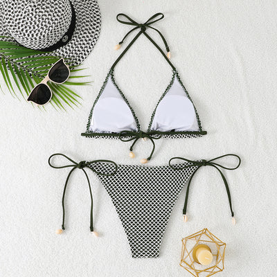 Blue and white mesh triangle bikini set with tie-side bottom and shell accents, displayed on a white beach towel. - Image 20
