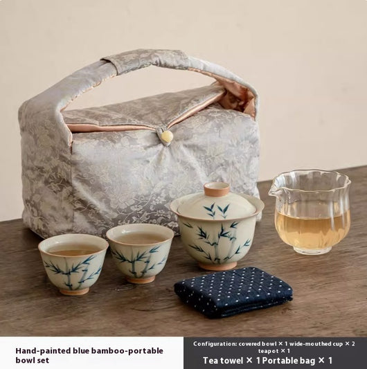 Juego de Té Gaiwan Porcelana Pintada a Mano con Diseño Bambú Azul - Image 8