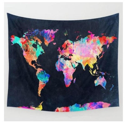 Colorful world map tapestry with abstract watercolor continents on a dark background, rectangular wall hanging.