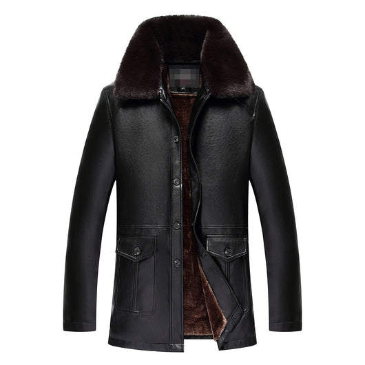Abrigo de Cuero PU con Cuello de Piel para Hombre Maduro
