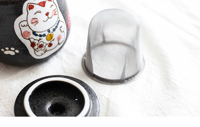 Juego de Té de Cerámica Gato de la Suerte Pintado a Mano - Tetera y 4 Tazas Negro - Image 6