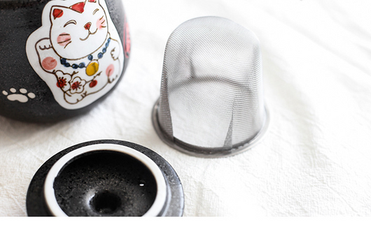 Juego de Té de Cerámica Gato de la Suerte Pintado a Mano - Tetera y 4 Tazas Negro - Image 6