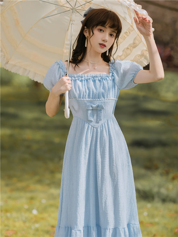 Vestido Vintage de Cintura Alta con Cuello Cuadrado y Mangas Abullonadas Beaded