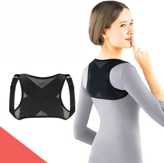 Woman wearing a black posture correction belt with criss-cross back design over a grey shirt, adjusting the strap.