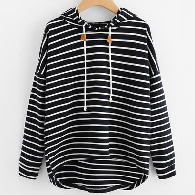 Sudadera Hoodie Suelta a Rayas Blanco y Negro - Image 5