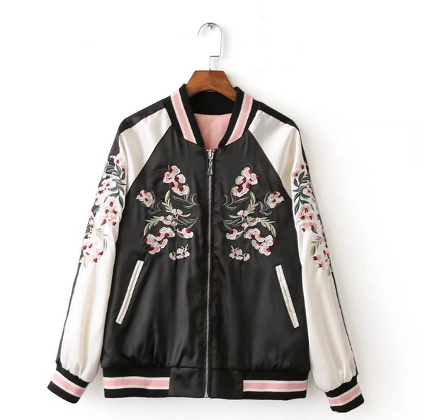 Chaqueta Acolchada de Béisbol con Bordado Floral Bilateral y Cuello Tipo Uniforme