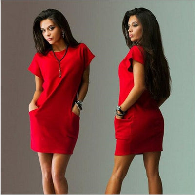 Vestido Camiseta Ajustado Negro y Azul con Bolsillos - Manga Corta Casual para Mujer