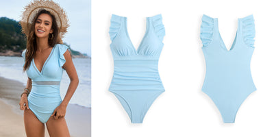 Light blue one-piece swimsuit with mesh stitching, ruffled sleeves, and a V-neck, modeled on a beach. - Image 13