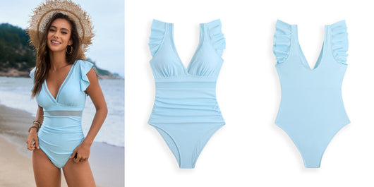 Light blue one-piece swimsuit with mesh stitching, ruffled sleeves, and a V-neck, modeled on a beach. - Image 13