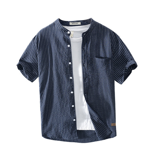 Camisa Casual de Algodón con Cuello de Pie y Rayas Distintivas