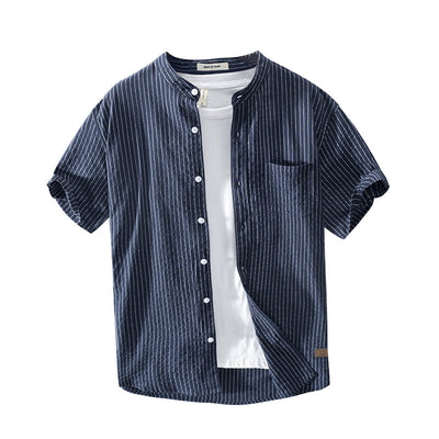 Camisa Casual de Algodón con Cuello de Pie y Rayas Distintivas