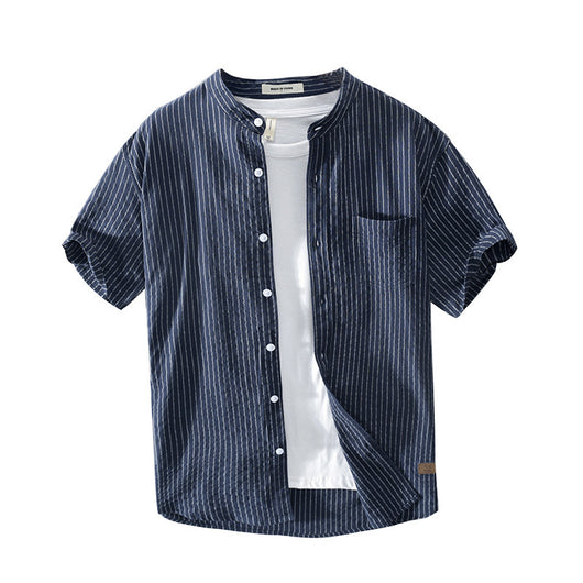 Camisa Casual de Algodón con Cuello de Pie y Rayas Distintivas