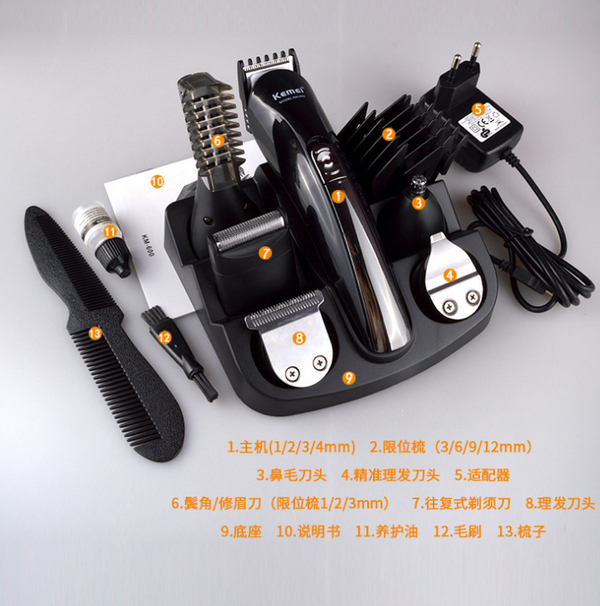 Cortadora de Cabello Kemei 6 en 1 Recargable con Cuchillas de Titanio - Máquina de Afeitar Profesional para Hombres