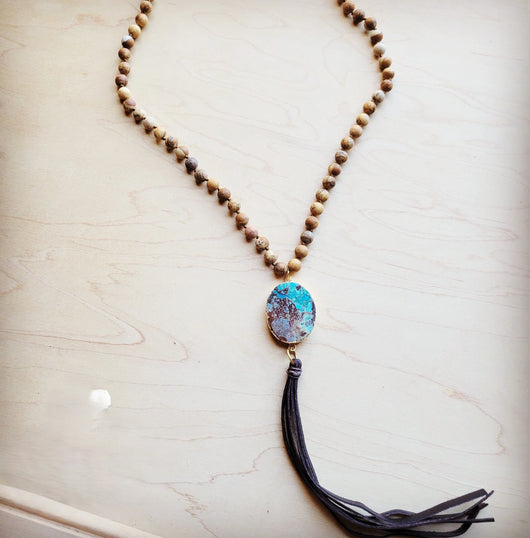 Bohemian Beaded Jasper Necklace with Ocean Agate Pendant 245u