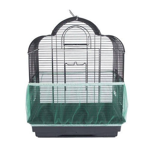 White mesh bird cage cover on a black wire bird cage with a black base, designed to catch seeds and dust. - Image 4