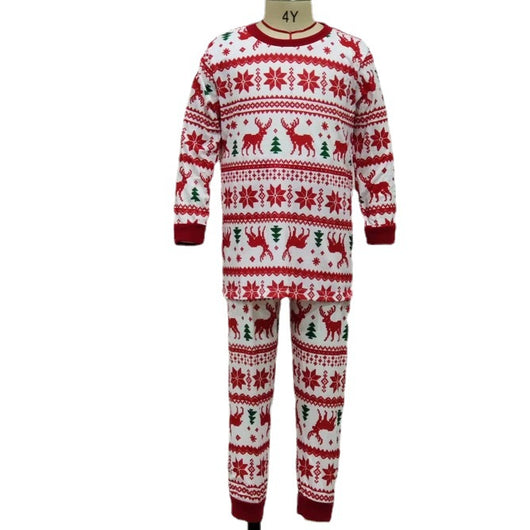 White long-sleeved pajama set with red and green Fair Isle Christmas pattern featuring reindeer and trees. - Image 5