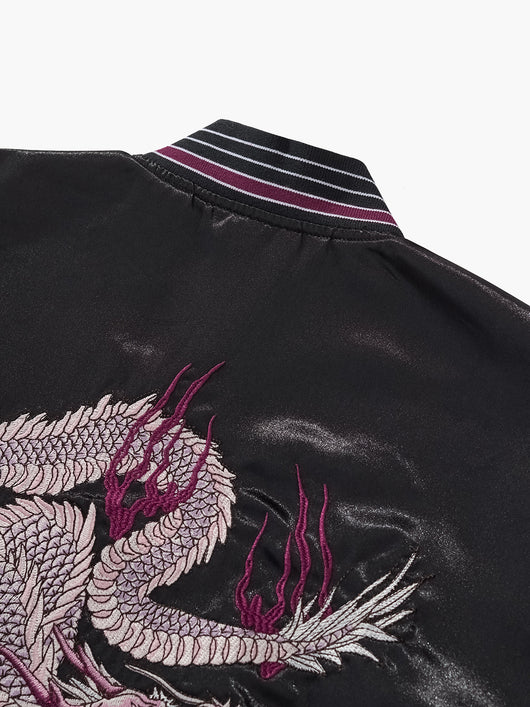 Chaqueta Béisbol Dragón Fuego Púrpura con Nubes Auspiciosas Bordadas - Image 14