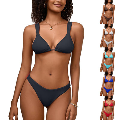 Woman wearing a solid brown lace-up bikini swimsuit with a triangle top and high-cut bottom. - Image 10