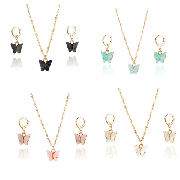 Conjunto de Aretes y Collar de Mariposas en Acrílico Colorido
