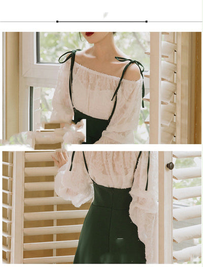 Blusa Blanca de Manga Larga con Falda de Tirantes - Image 7