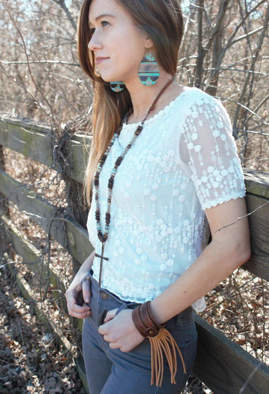 **Aqua Terra Wood Necklace with Copper Cross 237d