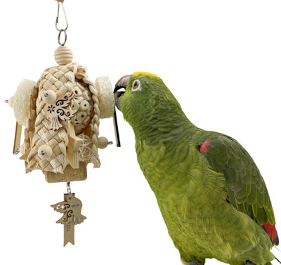 Natural ricepaperplant pith ball gnawing toy for parrots, featuring a braided top, wooden star, and 'short hair girl' design. - Image 3