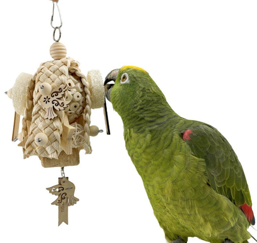Natural ricepaperplant pith ball gnawing toy for parrots, featuring a braided top, wooden star, and 'short hair girl' design. - Image 3