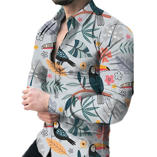 Camisa Casual de Manga Larga con Estampado Floral Grande para Hombre - Image 7