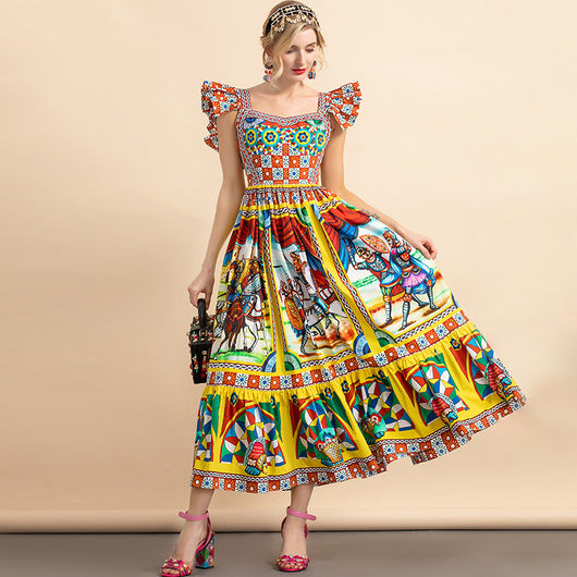 Vestido de Algodón con Estampado Guerrero de Mangas Volantes - Image 5