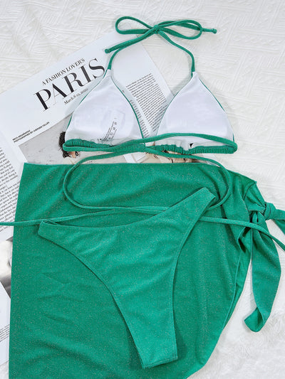 Shimmering green two-piece swimsuit featuring a triangle halter top and a matching sarong-style bottom tied at the front. - Image 21