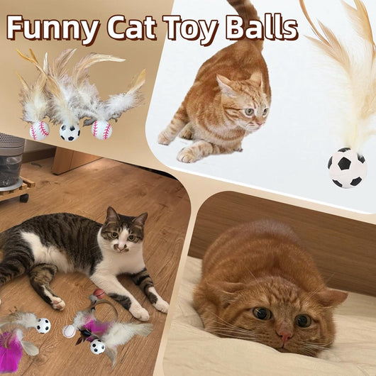 Set of three pet toys: a basketball, baseball, and soccer ball, each with light brown feathers for cats and small dogs. - Image 7