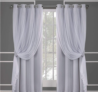 Dark blue double layer shading curtains with white sheer lace overlays, hung on a silver grommet rod. - Image 10