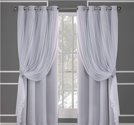 Dark blue double layer shading curtains with white sheer lace overlays, hung on a silver grommet rod. - Image 10