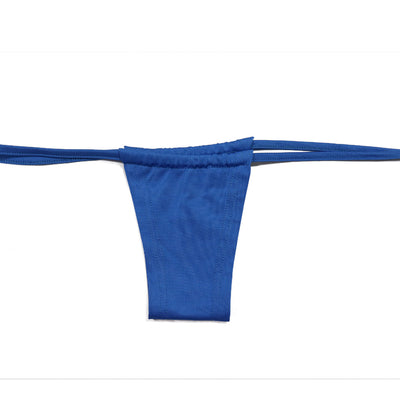 Blue three-piece bikini set with floral appliques on the triangle top, thong bottom, and matching ruched maxi skirt. - Image 11