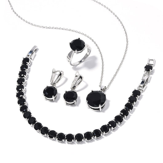 Four-piece jewelry set with silver-toned metal and round deep pink gemstones, including a necklace, bracelet, ring, and earrings. - Image 18
