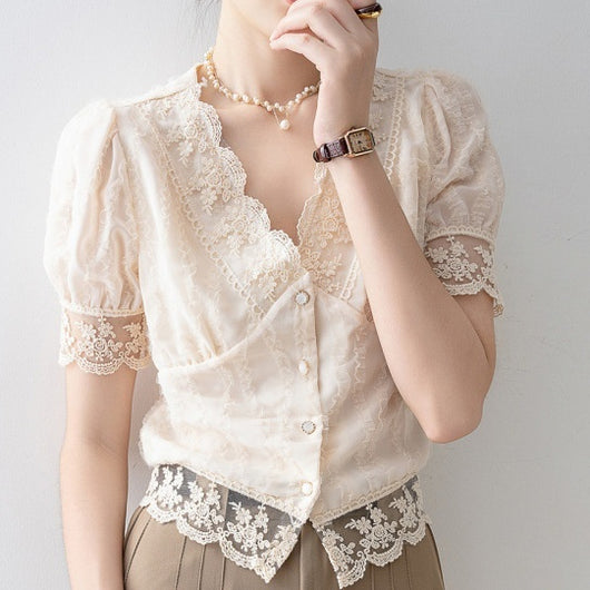 Blusa Elegante de Verano con Encaje y Manga Corta