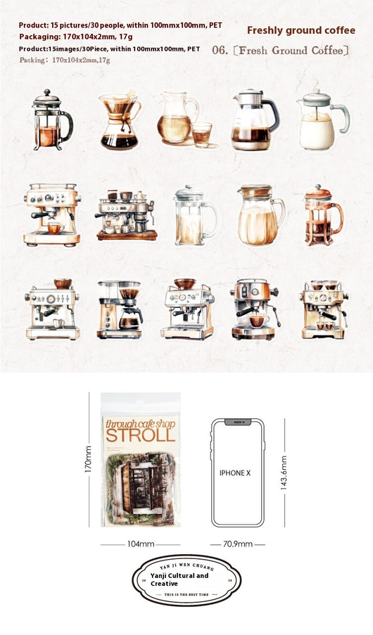 Sheet of 15 watercolor coffee shop stickers, featuring various cafe exteriors and interiors in a Nordic style. - Image 12