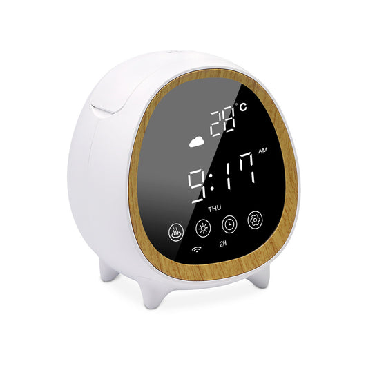 White smart WIFI aroma diffuser with a round shape, wood-grain accent, and digital display showing time and temperature. - Image 6