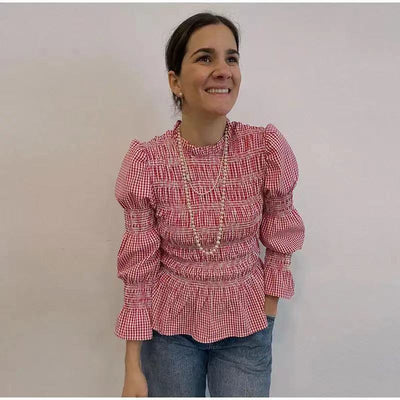Blusa Ajustada con Pliegues y Estampado Cuadros para Mujer - Image 21