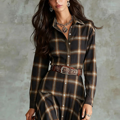 Vestido Camisa Cuadros Retro Chic Manga Larga para Mujer - Image 13